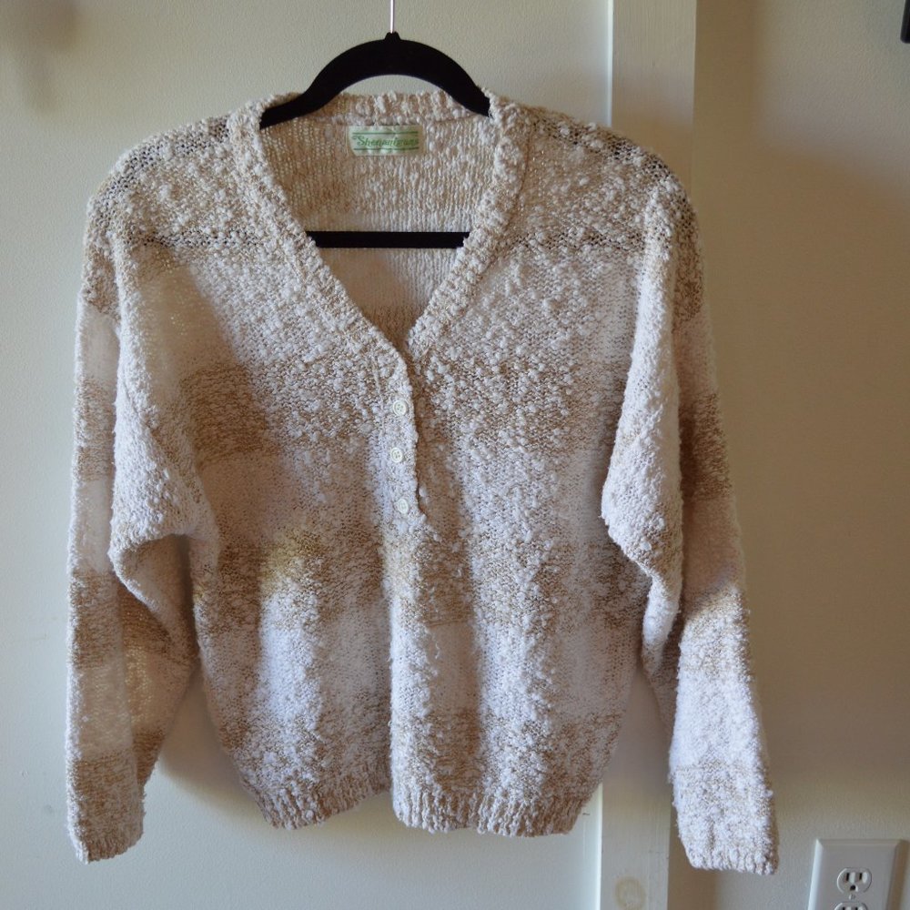 Vintage Cottage-Core Retro Wide Striped Popcorn Sweater L Cream/Beige Henley